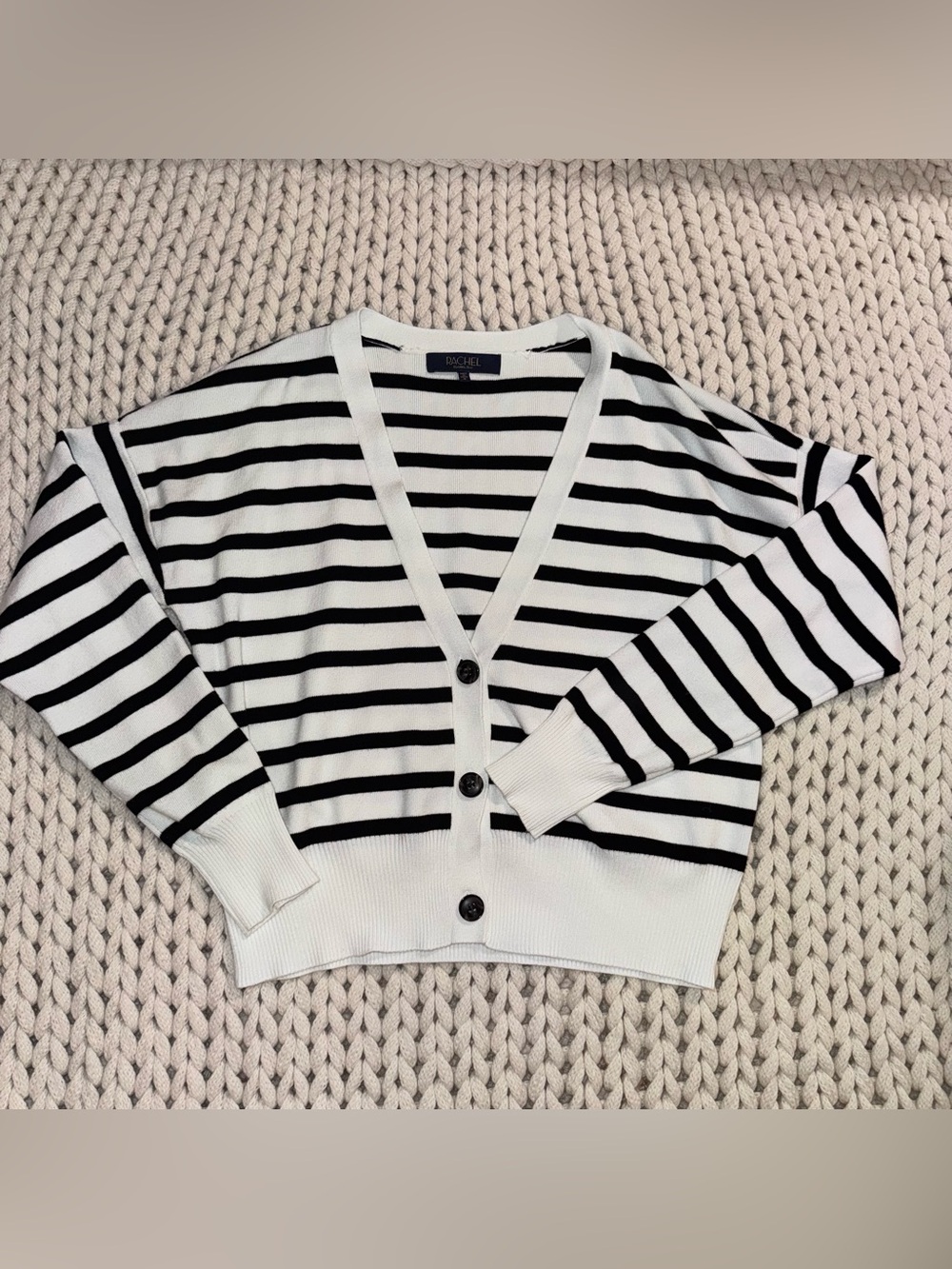 Rachel Black & White Striped V-Neck Button Cardigan